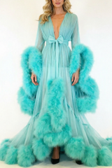Feather Bell Sleeve Trailing Dress
