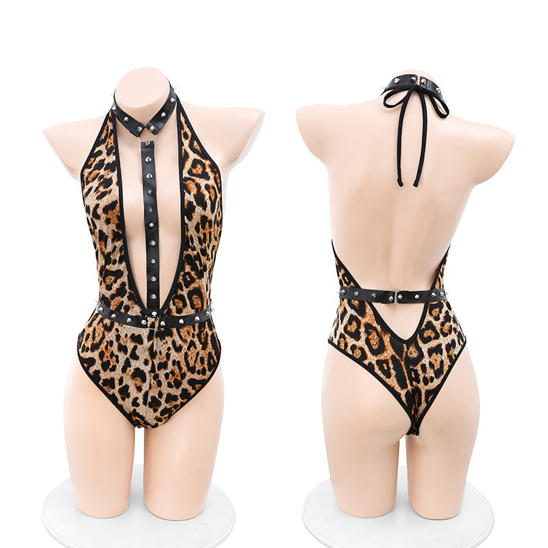 Waist-Tied Leopard-Print Open Crotch-Free Jumpsuit