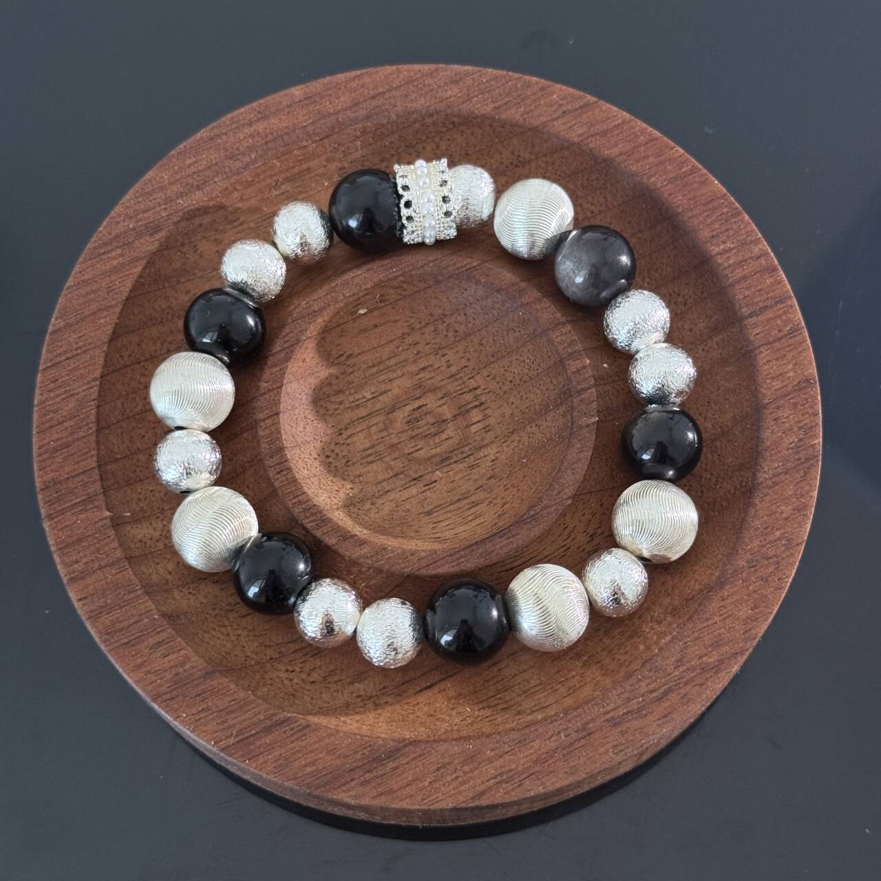 Handcrafted Black Onyx and Textured Silver Bead Bracelet — Luxurious Stretch Crystal Bracelet Adorned with Rhinestone Accents