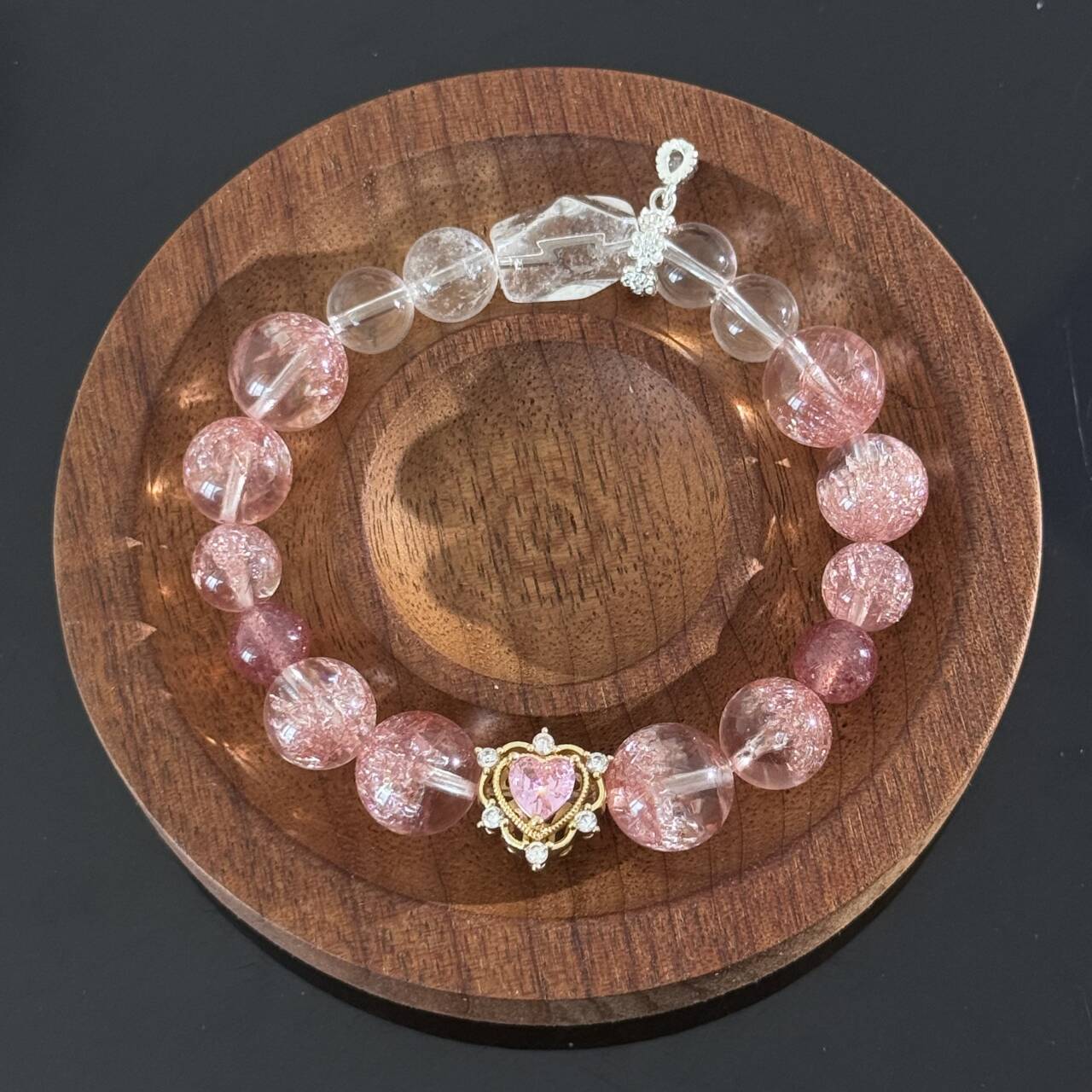 Handcrafted Bracelet featuring Natural Strawberry Quartz and Clear Quartz — Adorned with a Heart Pendant, Infused with Healing Energy and Love
