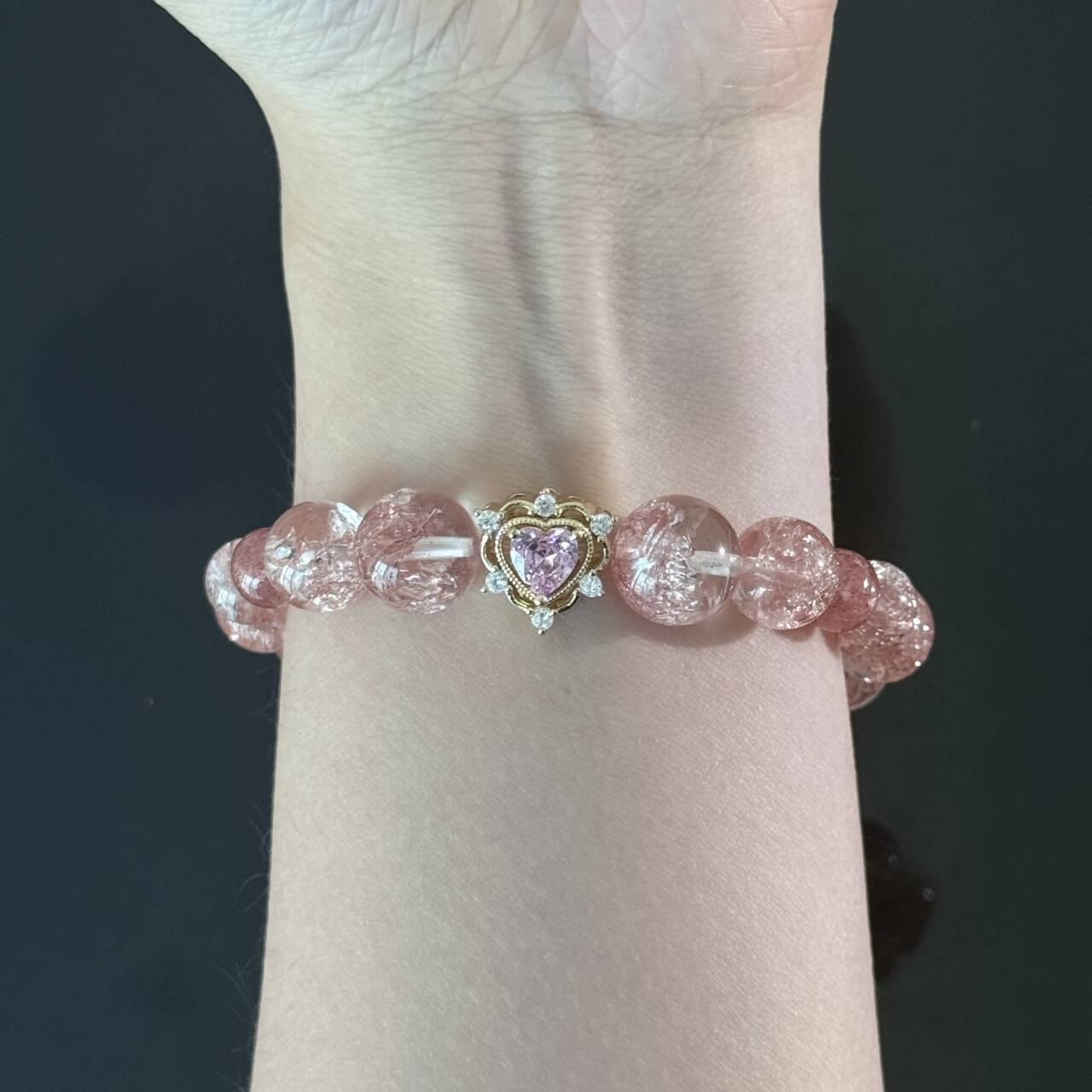 Handcrafted Bracelet featuring Natural Strawberry Quartz and Clear Quartz — Adorned with a Heart Pendant, Infused with Healing Energy and Love