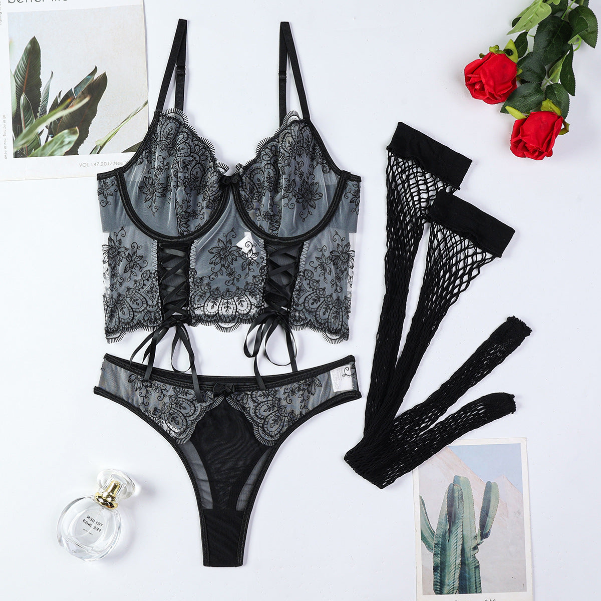 Three-Piece Set of Three-Dimensional Embroidery Embroidery Crossover Lace up