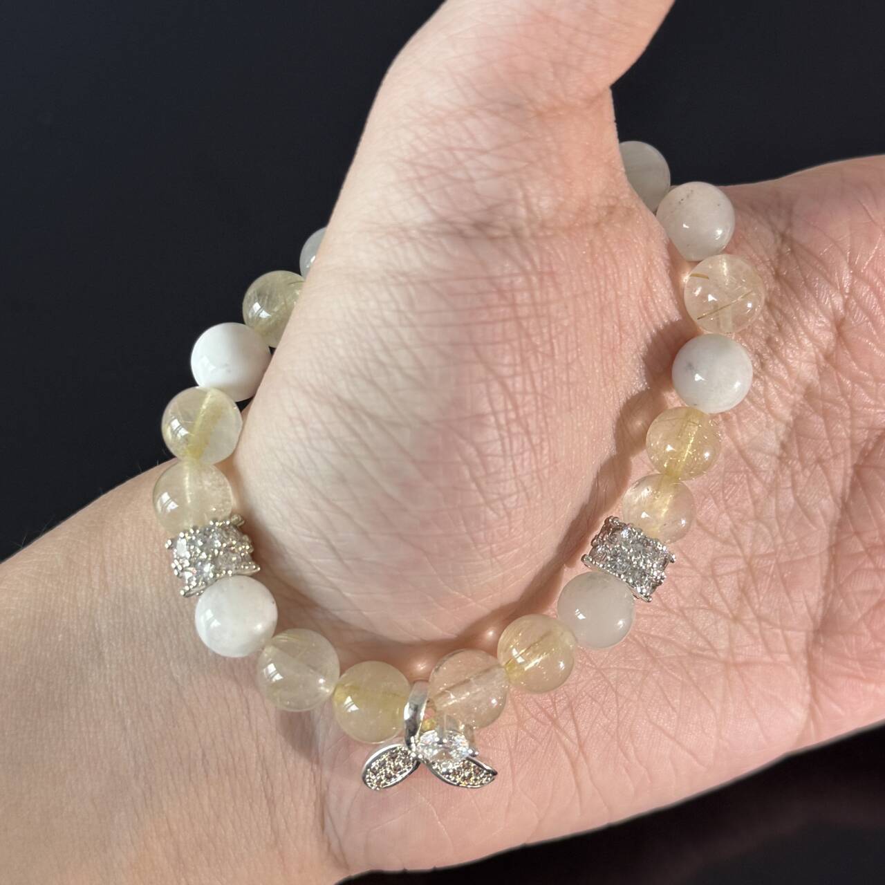Handcrafted Titanium Quartz & White Jade Beaded Bracelet (with Crystal Pendant) — Elegant  Healing Gemstone Stretch Bracelet