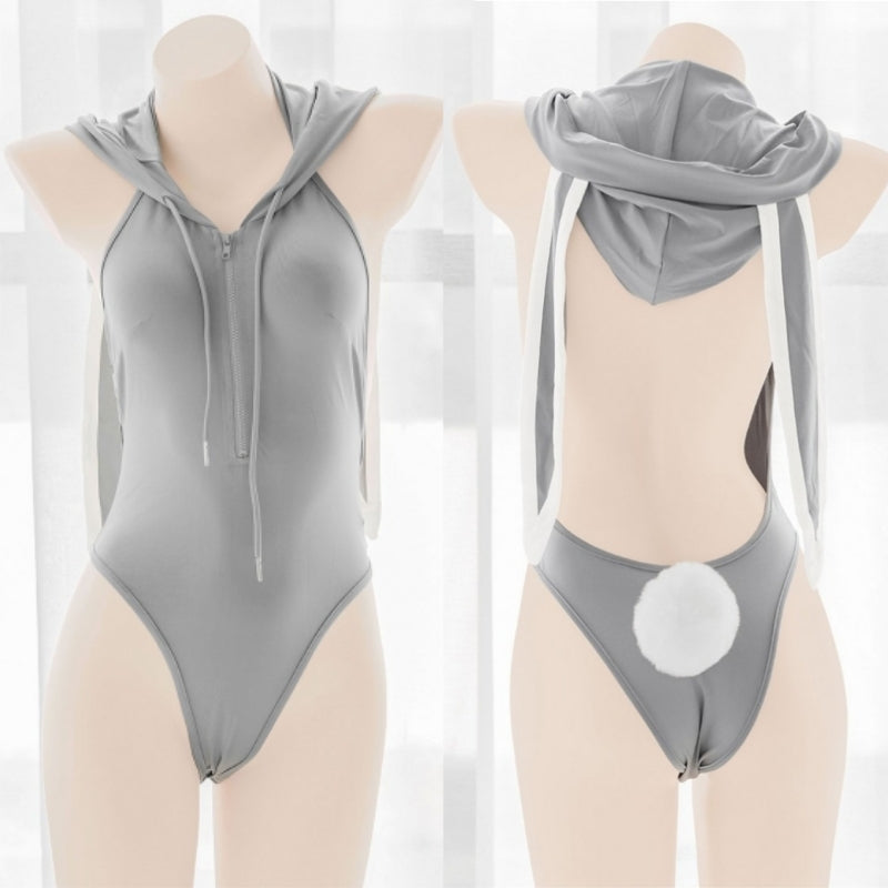 Gray Bunny Bodysuit Women  Zipper Lingerie Set