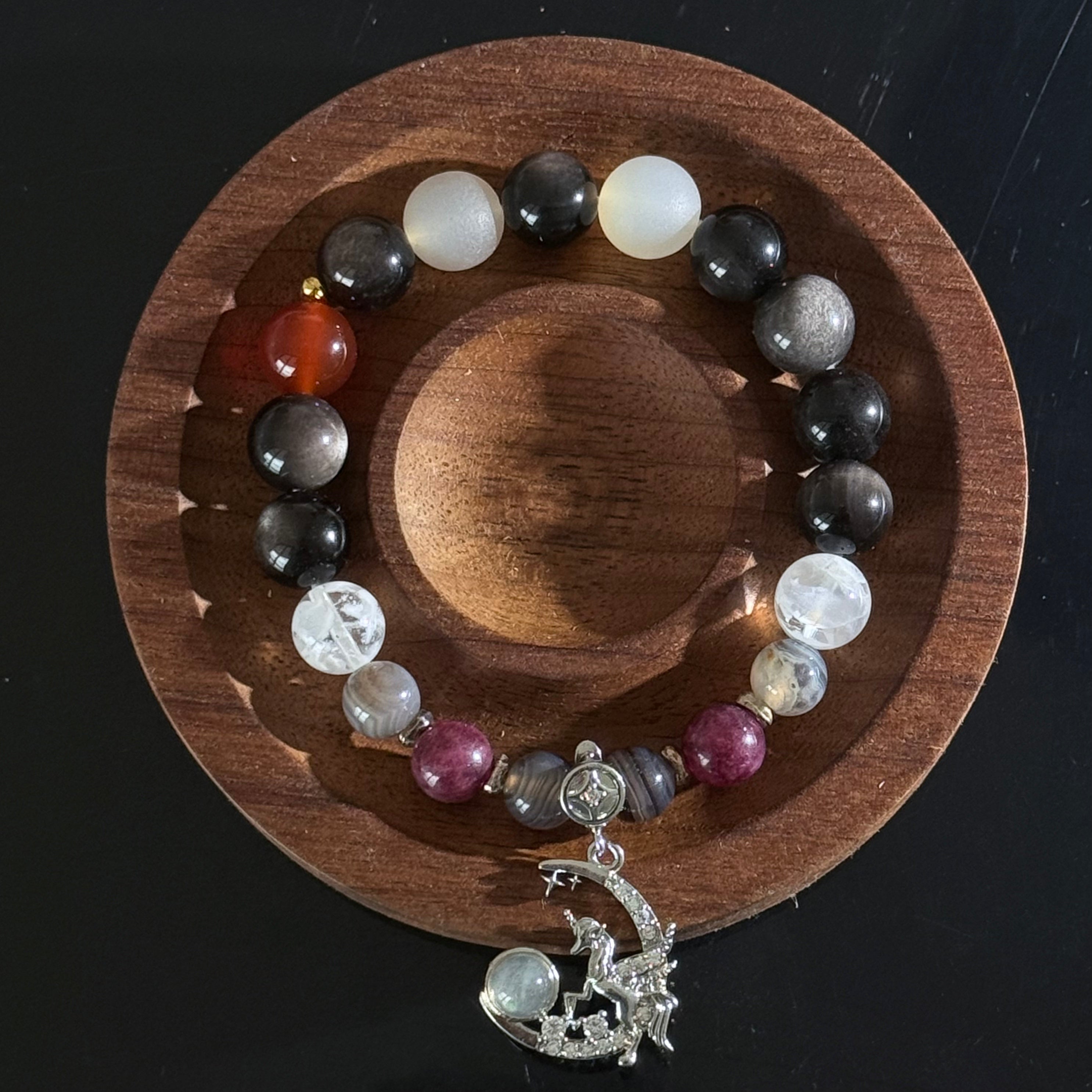 Crescent Moon Unicorn Pendant Bracelet | Multi-Gemstone Natural Obsidian Crystal Bead Bracelet