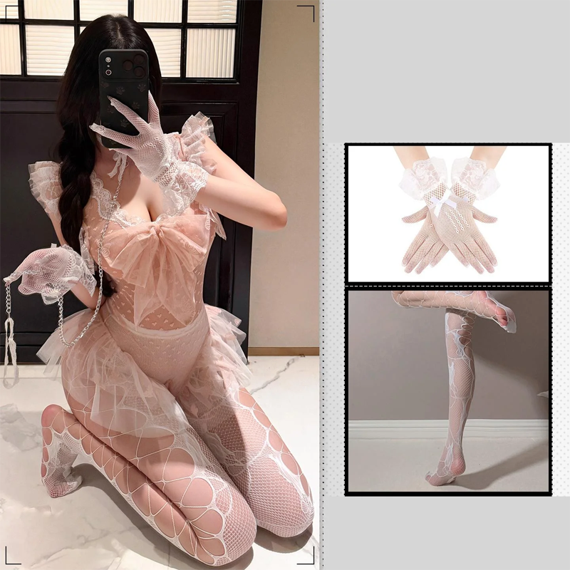 Hand Holding Rope Dot See-through Open Crotch Lingerie Set