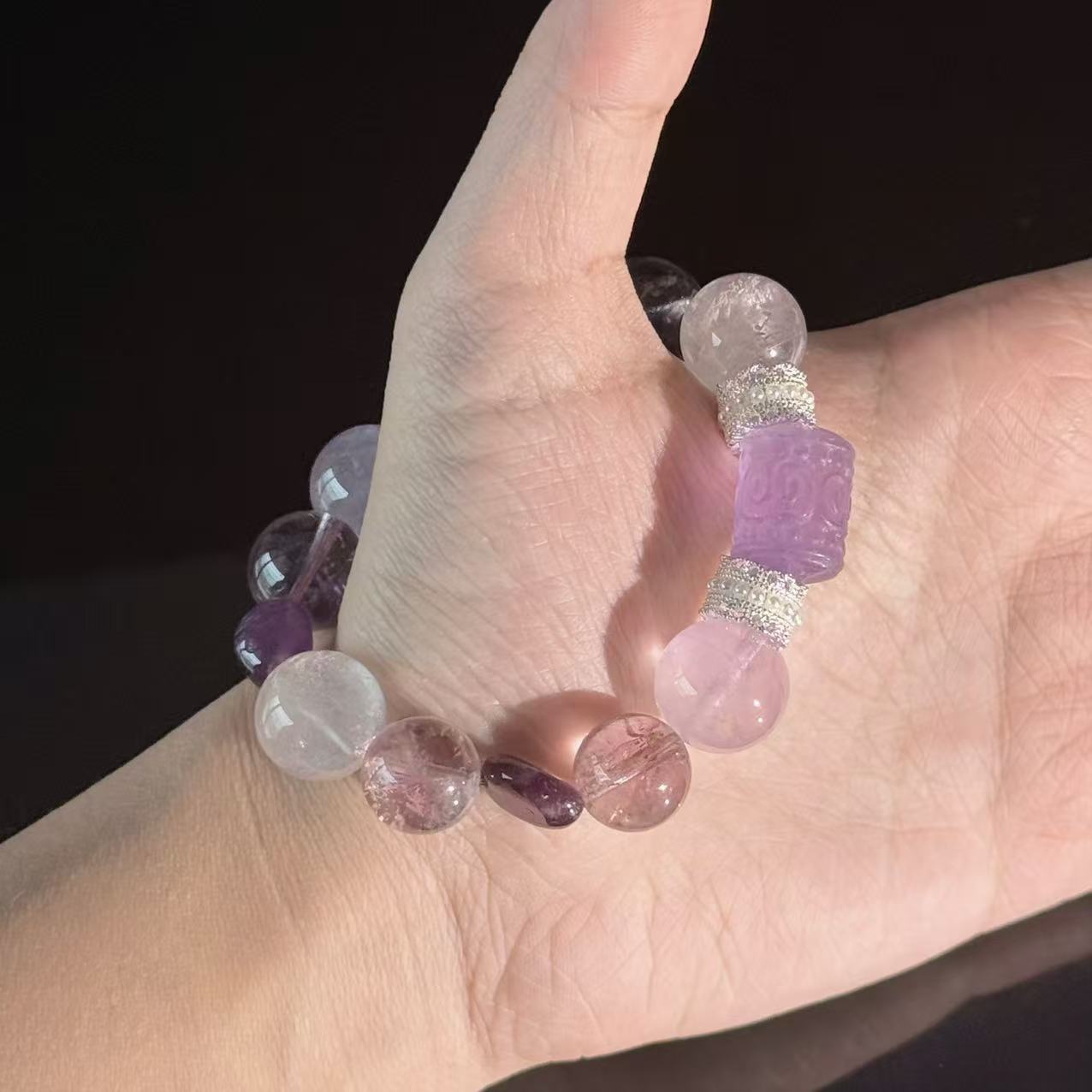 Amethyst and Clear Quartz Bracelet — Handcrafted Healing Energy Beaded Bracelet