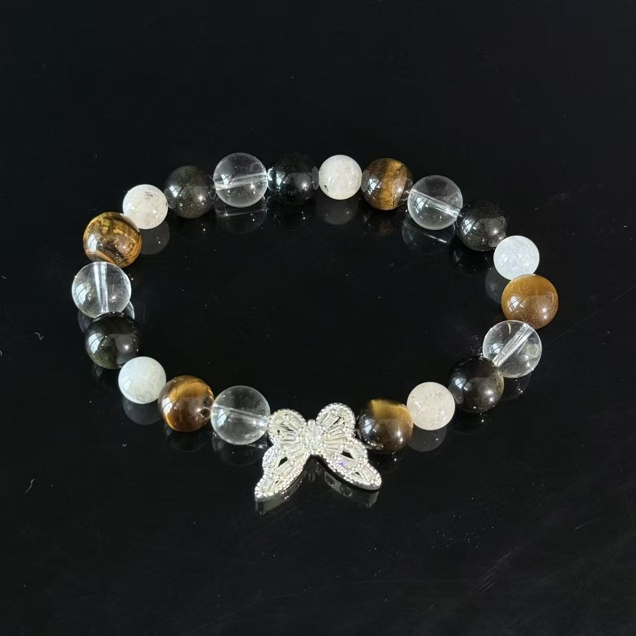 Tiger's Eye and Clear Quartz Bracelet (with Butterfly Charm) — A Handcrafted Beaded Bracelet Symbolizing Protection and Balanced Energy