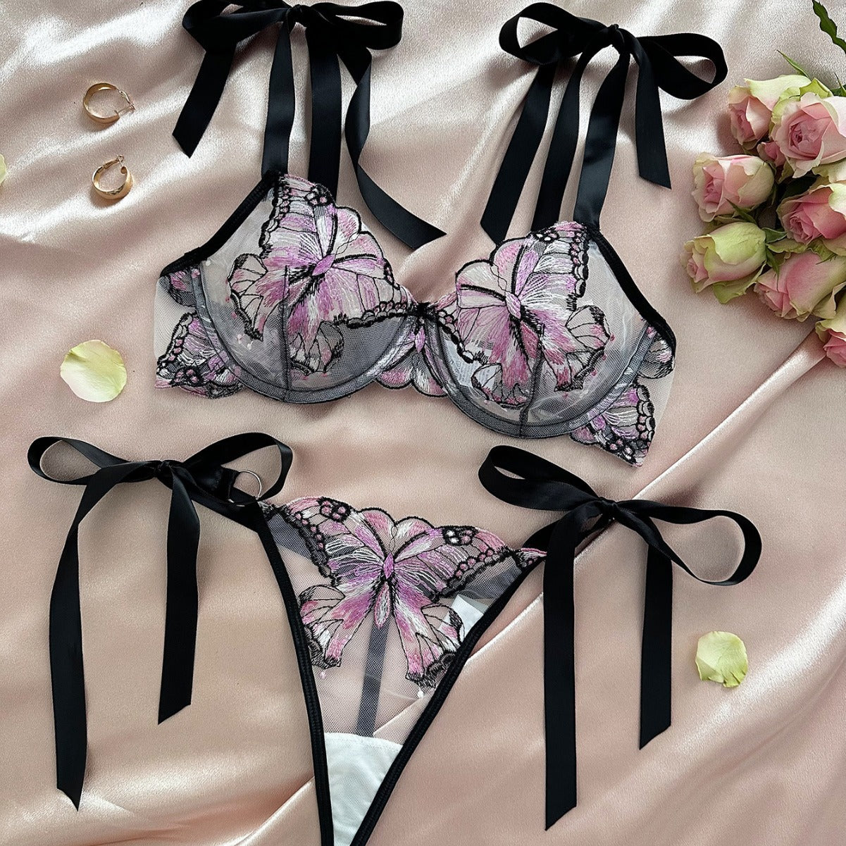 Butterfly Mesh Embroidery See-through Lingerie Set