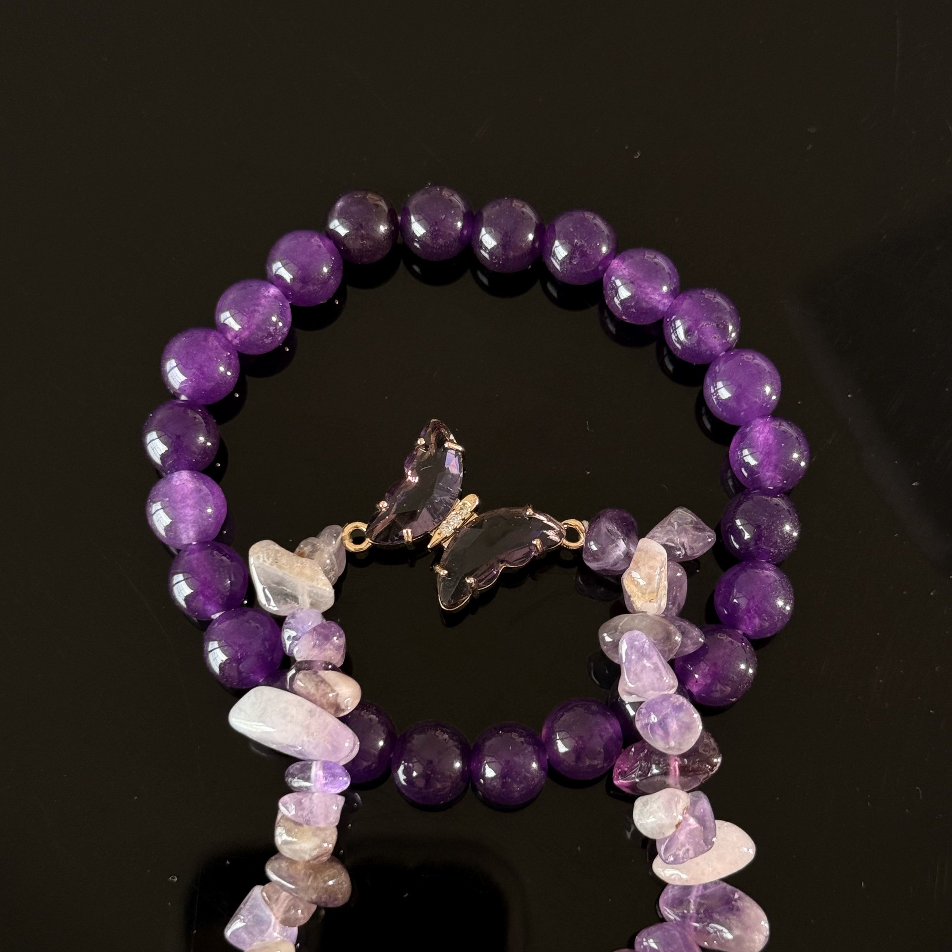 Pisces Zodiac Amethyst Bracelet – Purple Crystal Healing Bracelet with Butterfly Charm