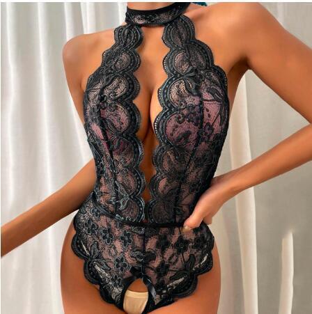 Seductive Crotchless One-Piece Sleepwear  Scallop Lace Plunge V-Neck Halterneck Design