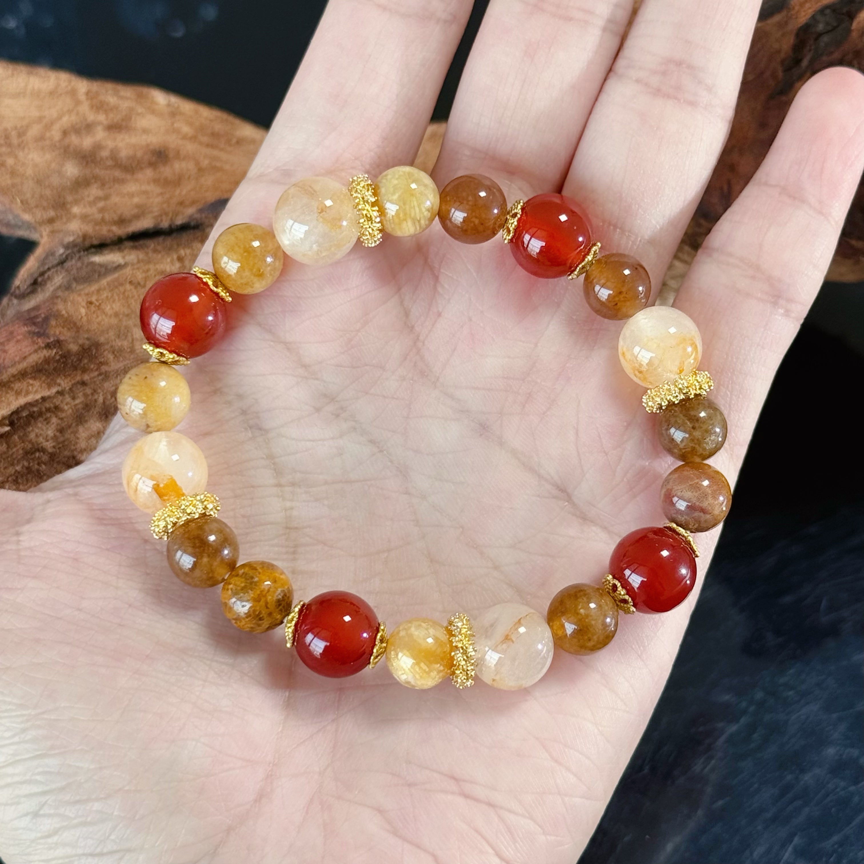 Handmade Multi Stone Crystal Bracelet | Red Agate & Golden Rutilated Quartz Healing Stretch Bracelet