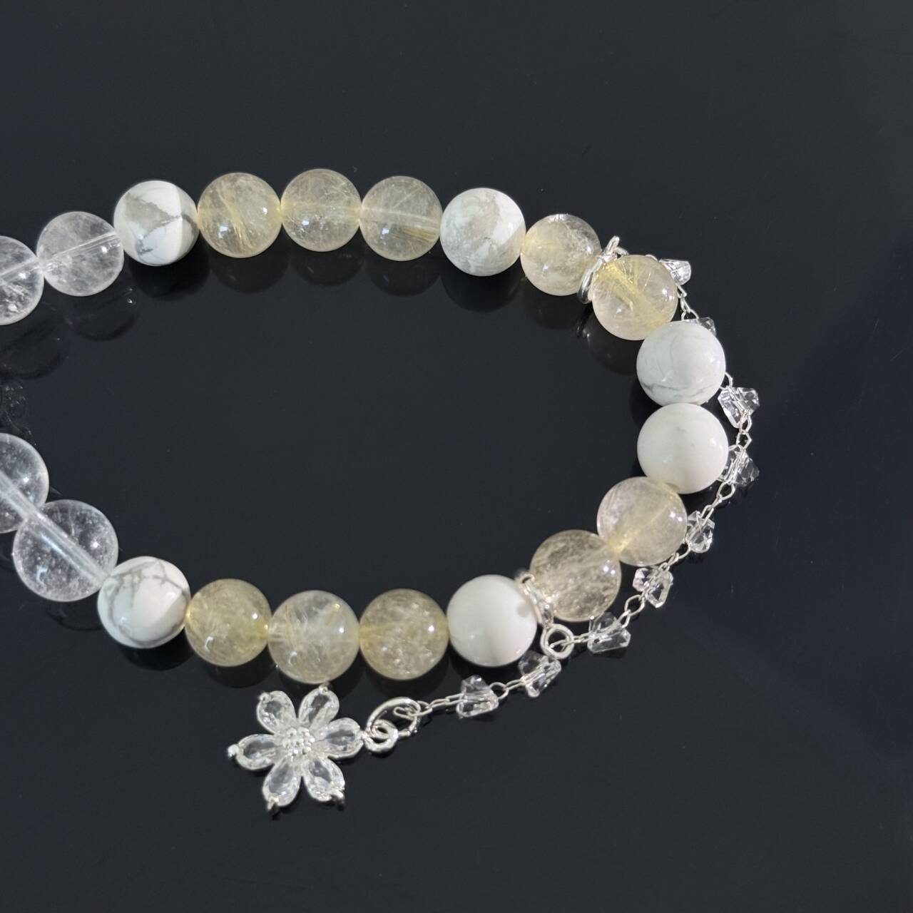 Handcrafted Natural White Crystal & Rutilated Quartz Beaded Bracelet — Adorned with White Turquoise and Crystal Flower Charms — Healing Energy Jewelry