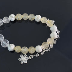 Handcrafted Natural White Crystal & Rutilated Quartz Beaded Bracelet — Adorned with White Turquoise and Crystal Flower Charms — Healing Energy Jewelry