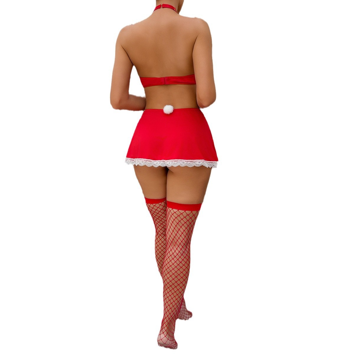 Christmas Red Maid Outfit Halter-neck Heart-shaped Hollow-out Erotic Four-piece Set
