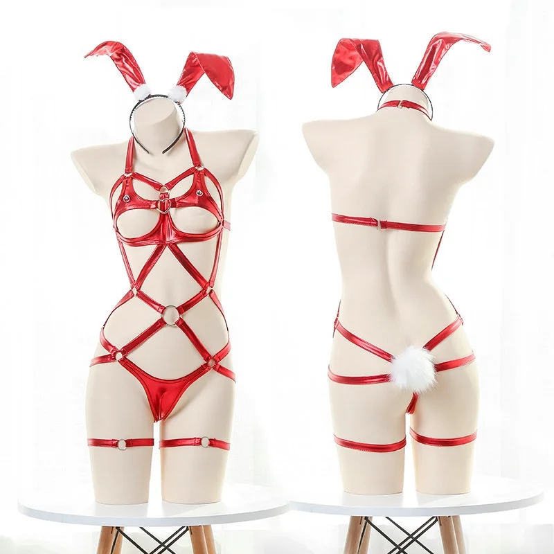 【Free Bunny Ears Headband】SM Bunny Girl Three-piece Leather Lingerie