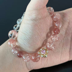 Handcrafted Bracelet featuring Natural Strawberry Quartz and Clear Quartz — Adorned with a Heart Pendant, Infused with Healing Energy and Love