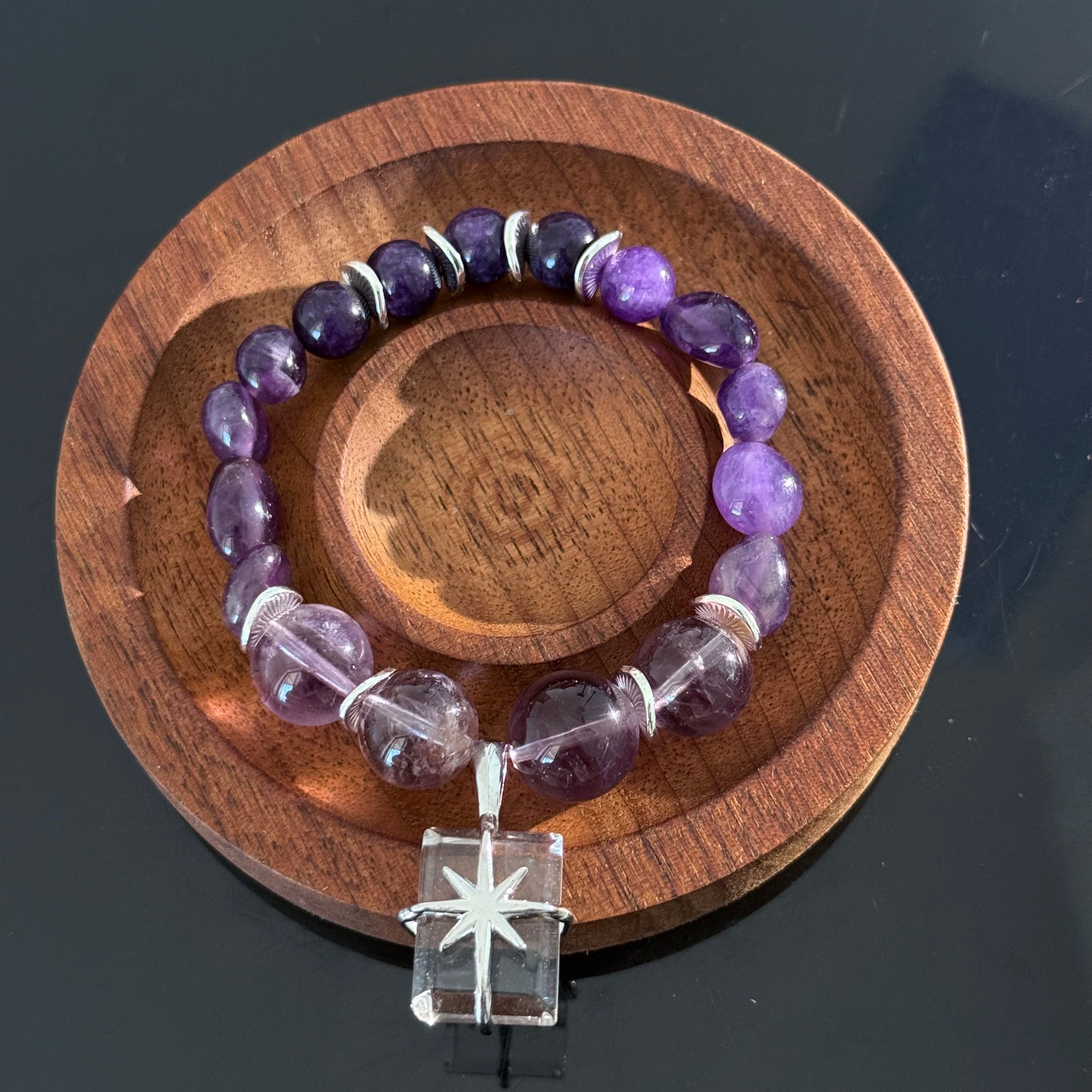 Amethyst Crystal Bracelet with Gift Box Charm – Handmade Purple Healing Energy Beaded Bracelet