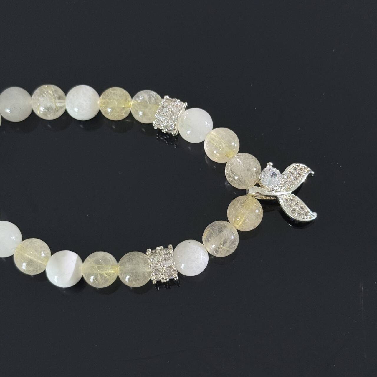 Handcrafted Titanium Quartz & White Jade Beaded Bracelet (with Crystal Pendant) — Elegant  Healing Gemstone Stretch Bracelet