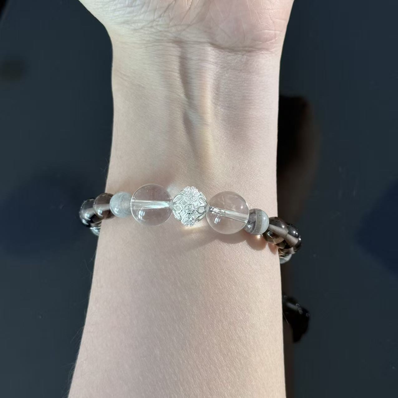 Handcrafted Bracelet featuring Black Onyx, Clear Quartz, and Grey-Veined Agate — A Gemstone Beaded Bracelet for Protection, Clarity, and Balance