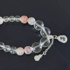 Clear Quartz & Frosted Crackle Agate Bracelet with Silver Charm – Healing Crystal Stretch Manual Bracelet