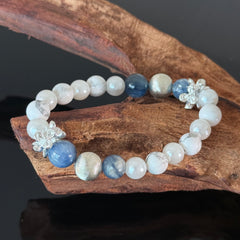 Blue Kyanite White Howlite Pearl Bow Beaded Bracelet, Calming Energy Crystal Bracelet for Women, Dainty Daily Wear Jewelry Gift