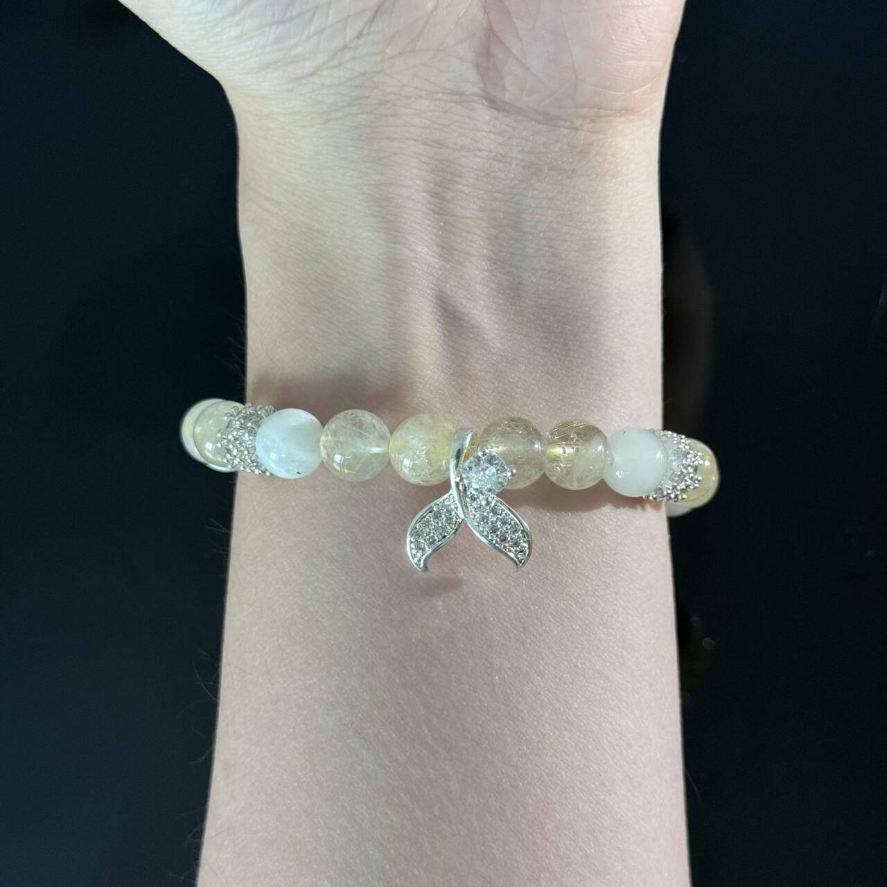 Handcrafted Titanium Quartz & White Jade Beaded Bracelet (with Crystal Pendant) — Elegant  Healing Gemstone Stretch Bracelet
