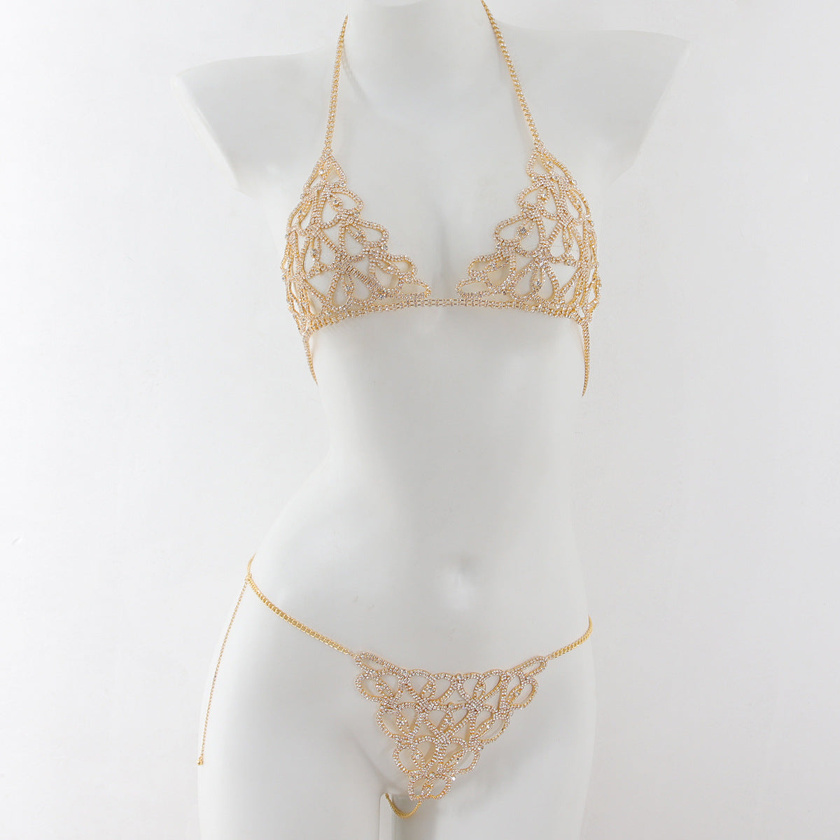 Water diamond Diamond studded Heart shaped Decorations Nightclub Body Chain Bra Set