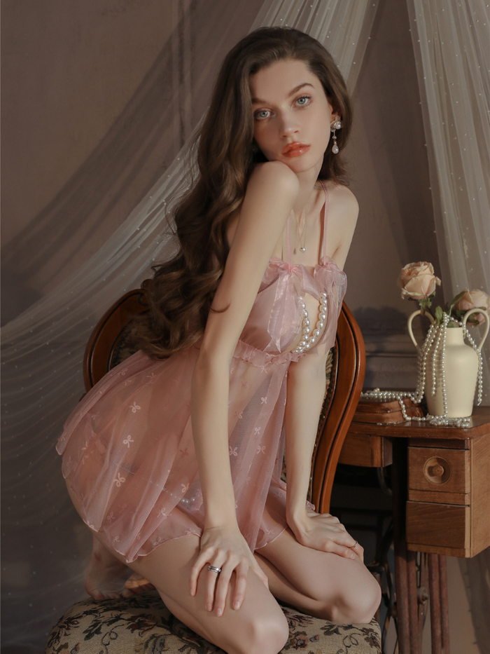 Lace See-Through Pearl Strap Nightdress