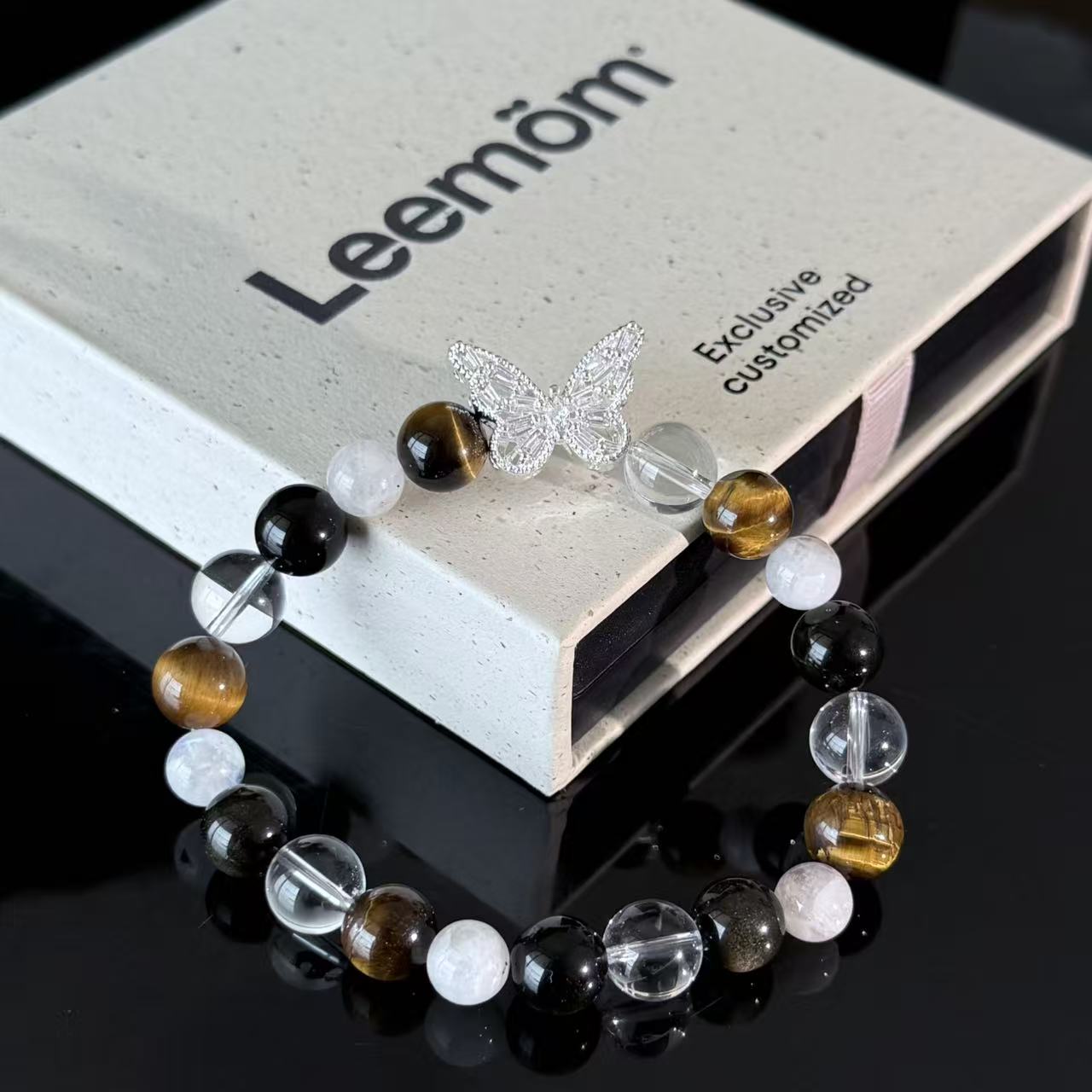 Tiger Eye Obsidian Clear Quartz Butterfly Charm Bracelet