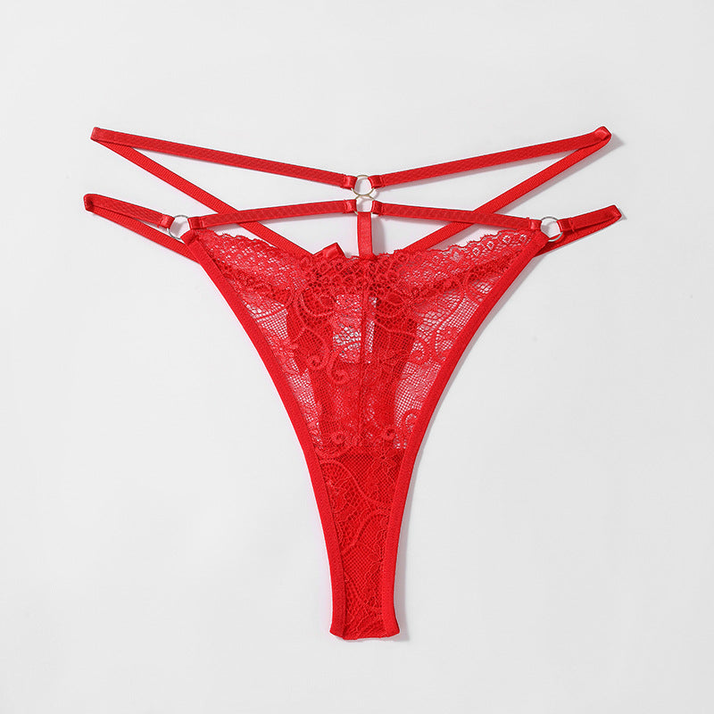 Seductive Floral Lace Mid Waist Thongs Bowknot Detail