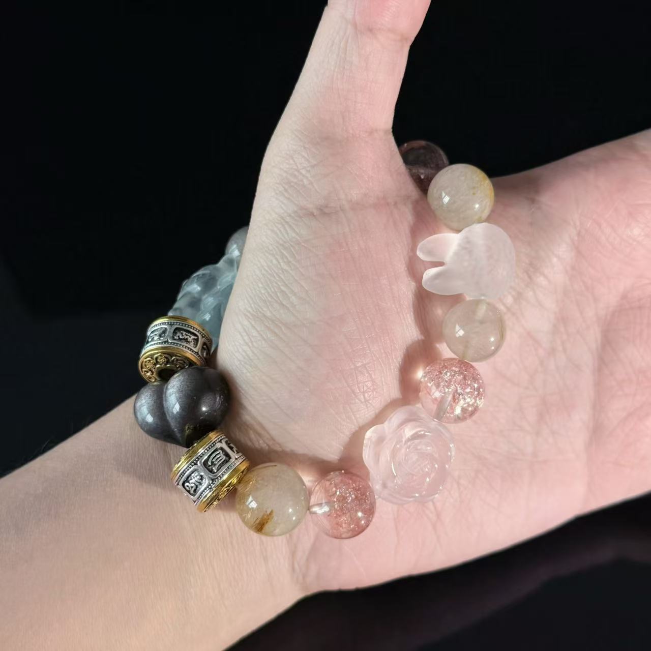 Handcrafted Crystal Pendant Bracelet — Featuring Carved Jade Rabbit and Floral Accents