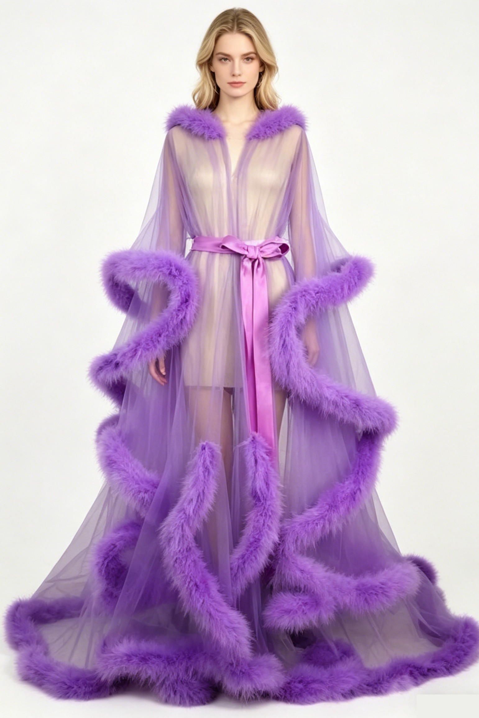 Feather Bell Sleeve Trailing Dress