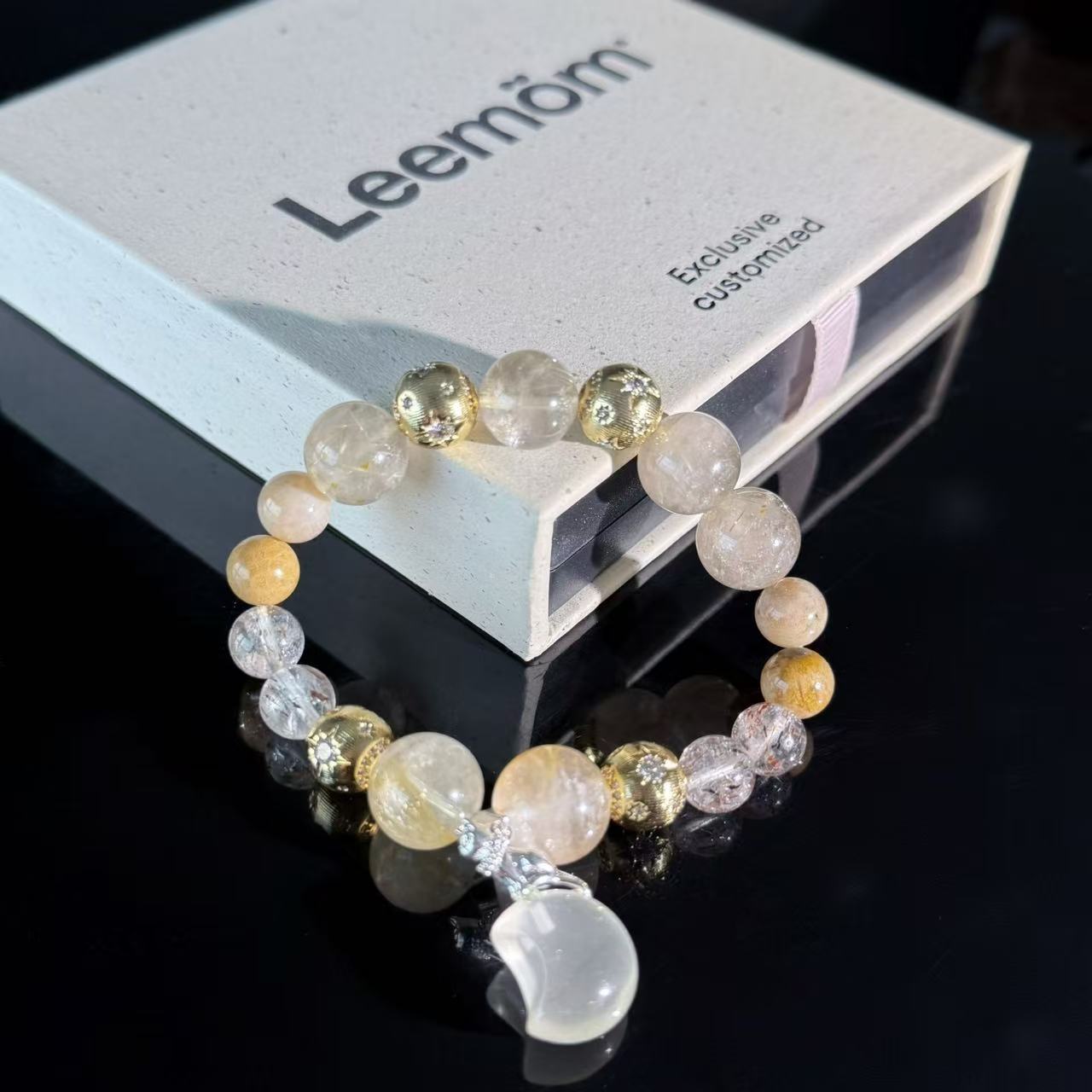 Crescent-shaped crystal bead bracelet | Natural golden rutilated quartz healing stone bracelet