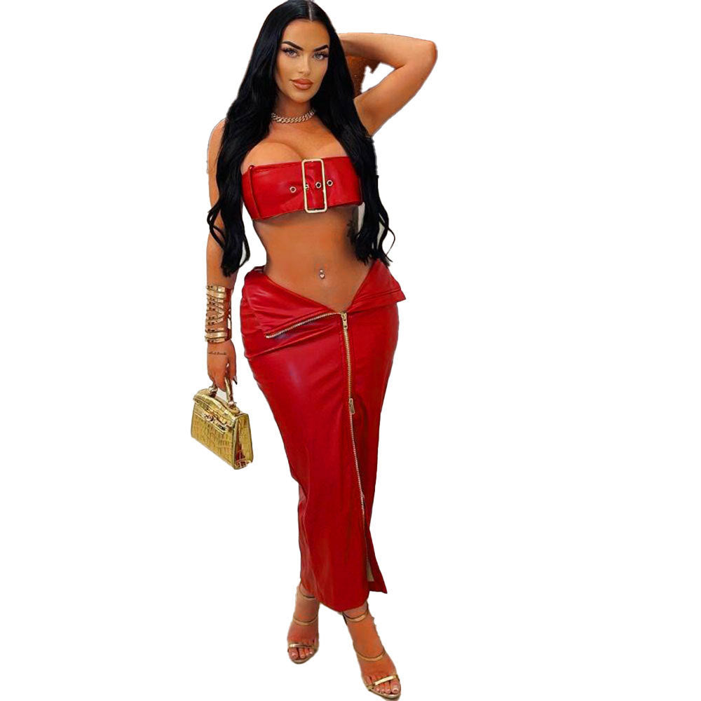 2-Piece Dress Set PU Leather Metal Buckle-Embellished Crop Top Split Package Hip Skirt