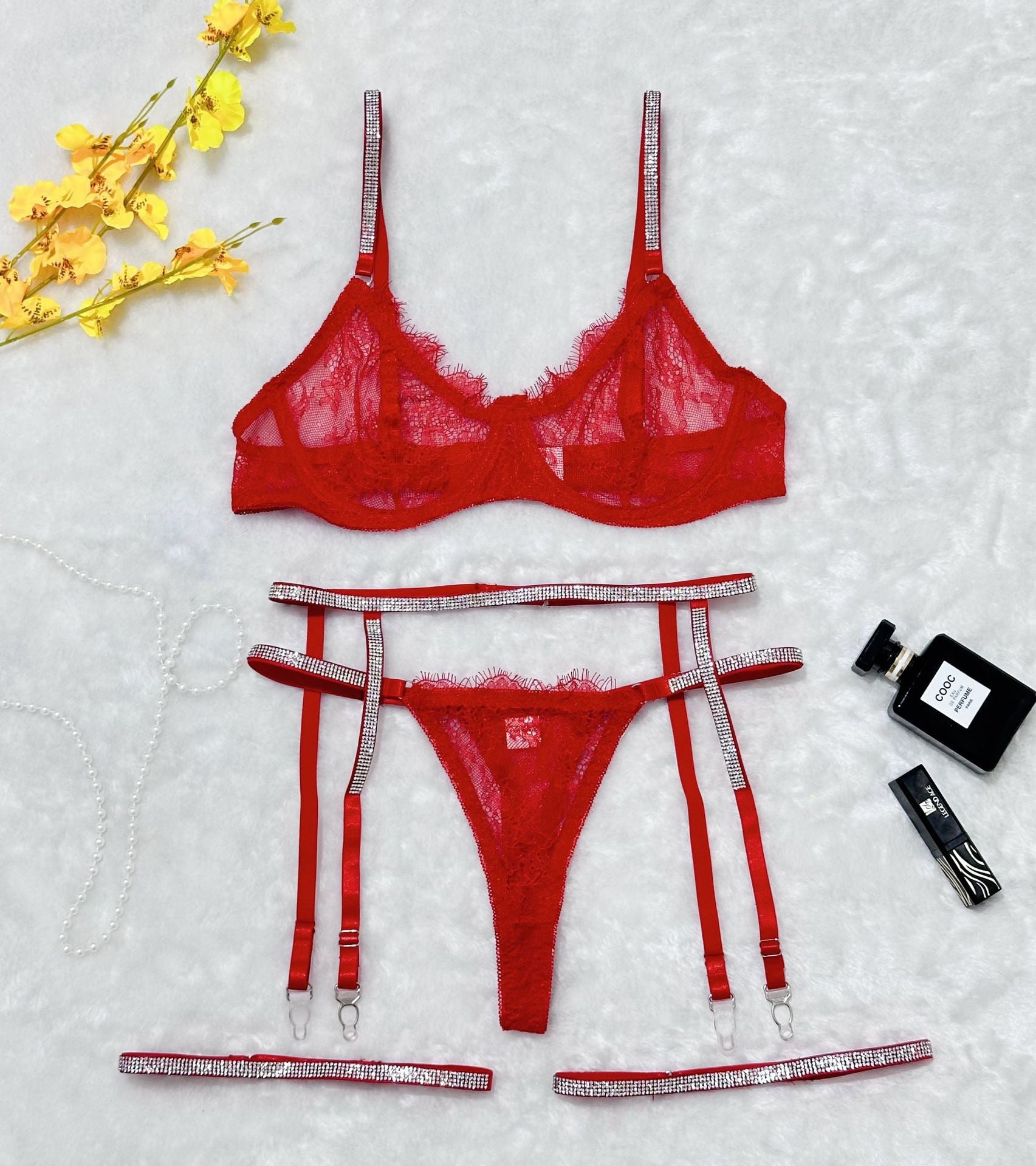Lace T-Back Garter Four-Piece Lingerie