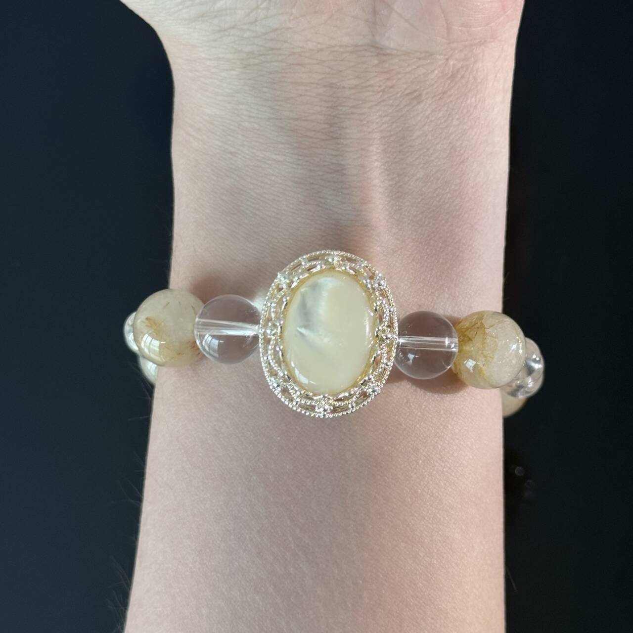 Handcrafted Titanium Quartz & Opal Crystal Bracelet — A White Crystal Healing Bracelet Featuring Gold-Rutile Titanium Quartz and an Oval Opal Pendant