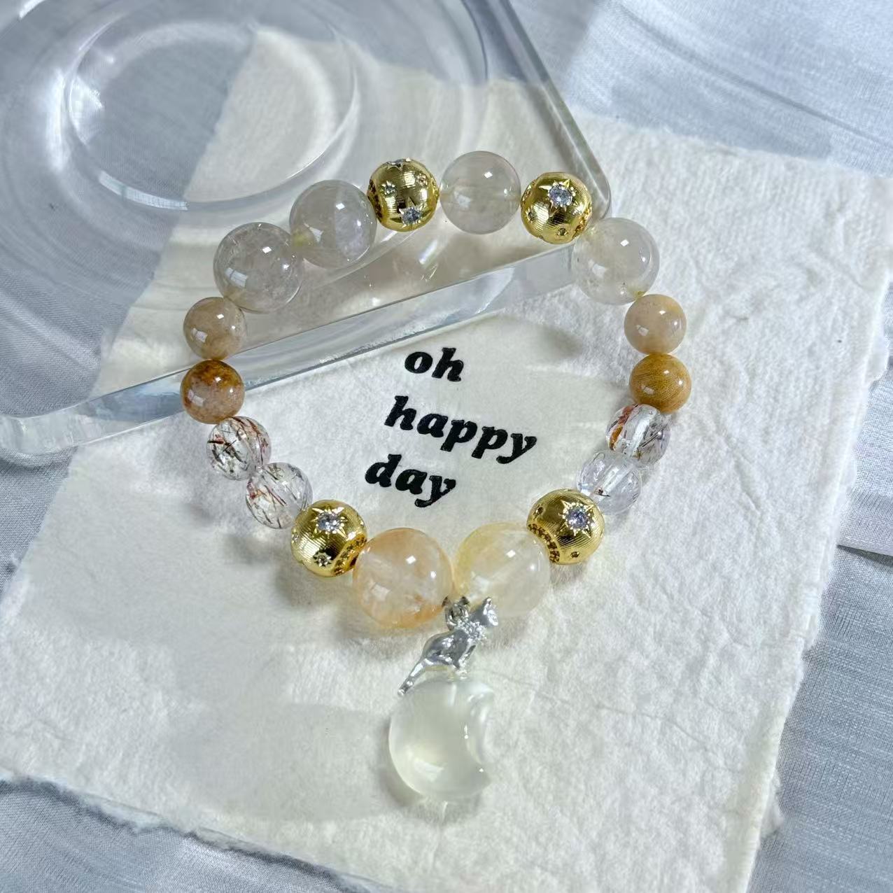 Crescent-shaped crystal bead bracelet | Natural golden rutilated quartz healing stone bracelet