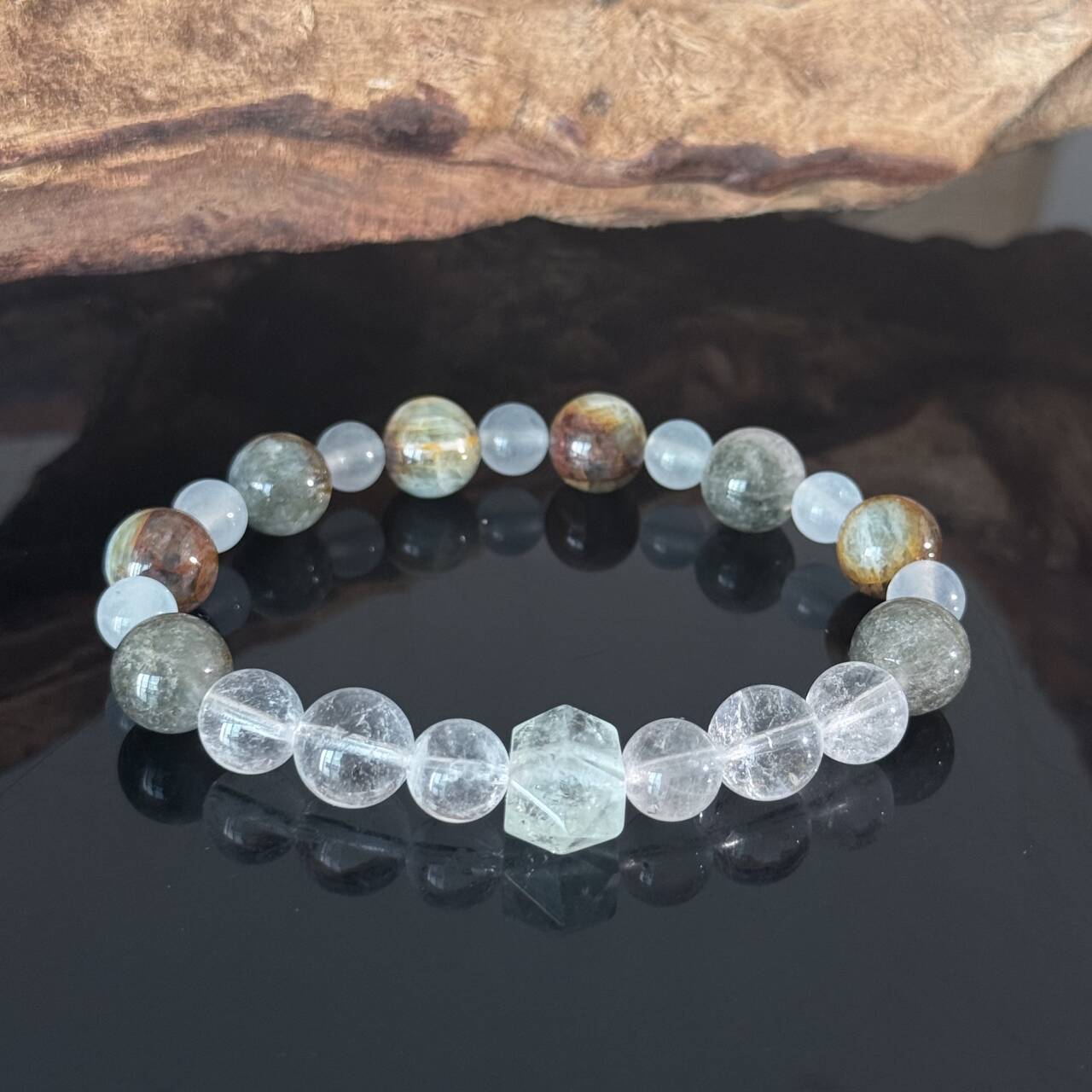 Handcrafted Natural White Crystal and Ocean Jasper Bracelet — Healing Energy Stretch Gemstone Bead Bracelet