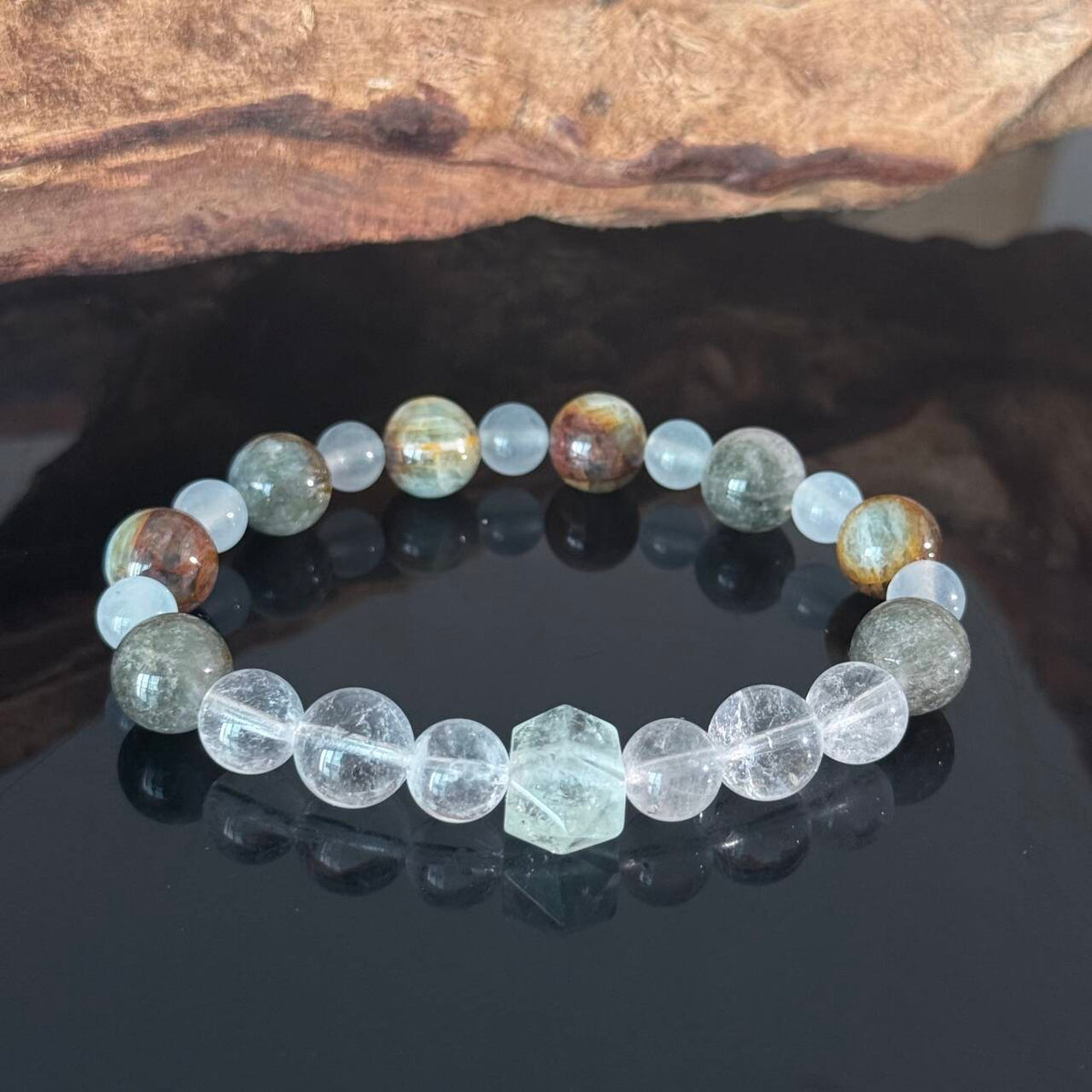 Handcrafted Natural White Crystal and Ocean Jasper Bracelet — Healing Energy Stretch Gemstone Bead Bracelet