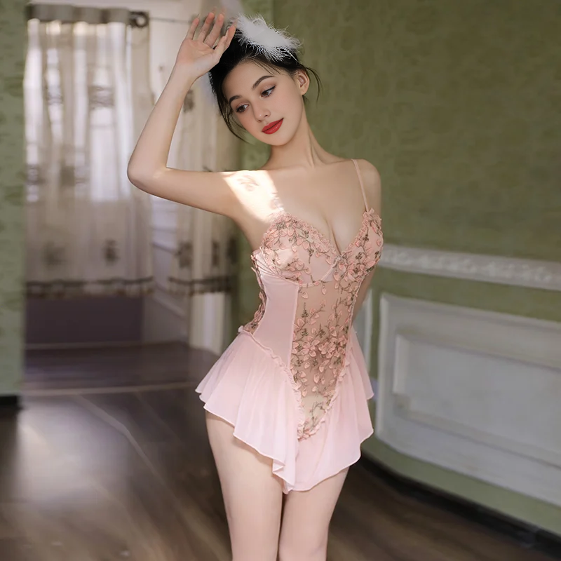 Deep V-neck Floral Embroidered Open-crotch Bodysuit