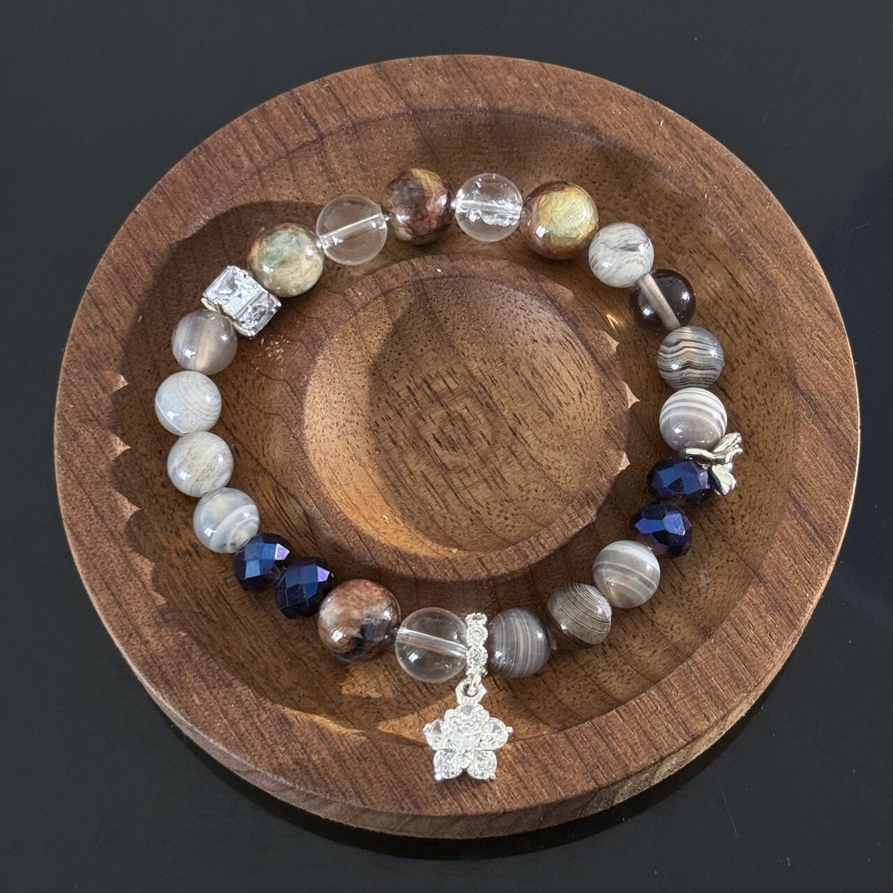 Handcrafted Bracelet featuring Colorful Agate and Clear Crystal — A Handmade Healing Gemstone Bracelet with a Flower Charm