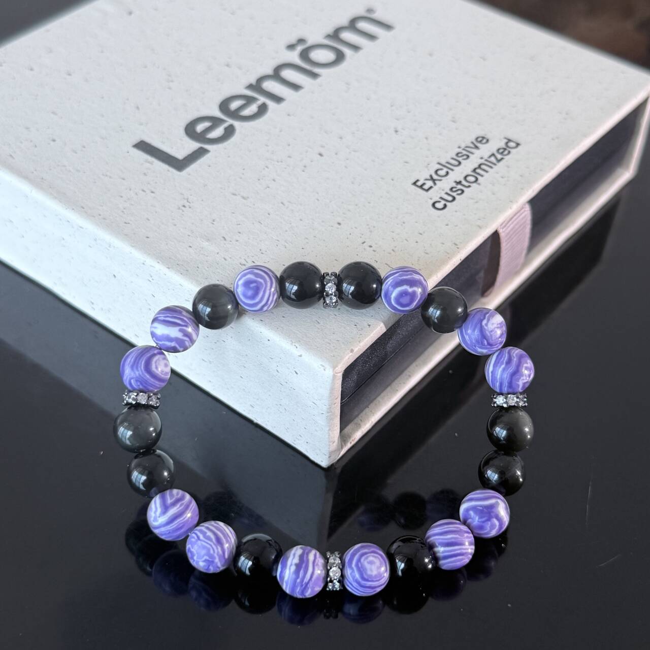 Natural Purple Agate & Obsidian Crystal Handmade Bracelet — Protective Energy Elastic Beaded Gemstone Bracelet