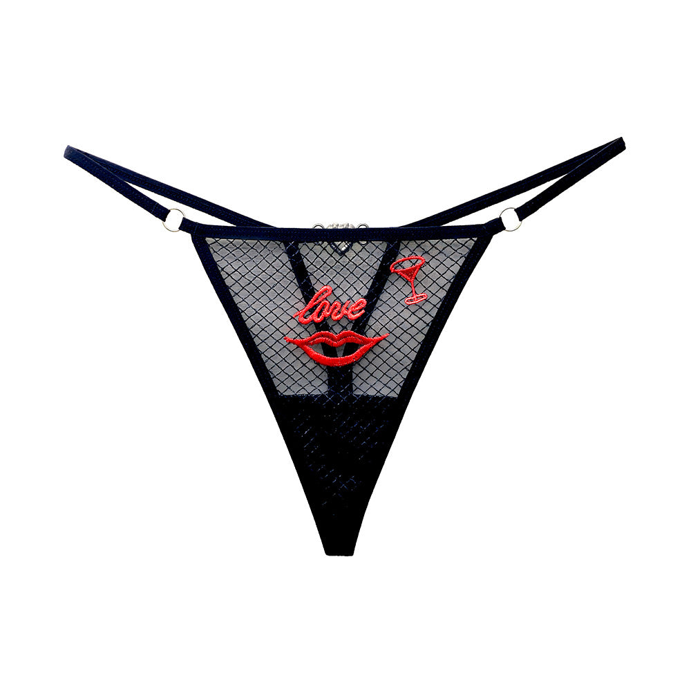 "Love" Red Lips Embroidery Mesh Women Thong with Diamonds