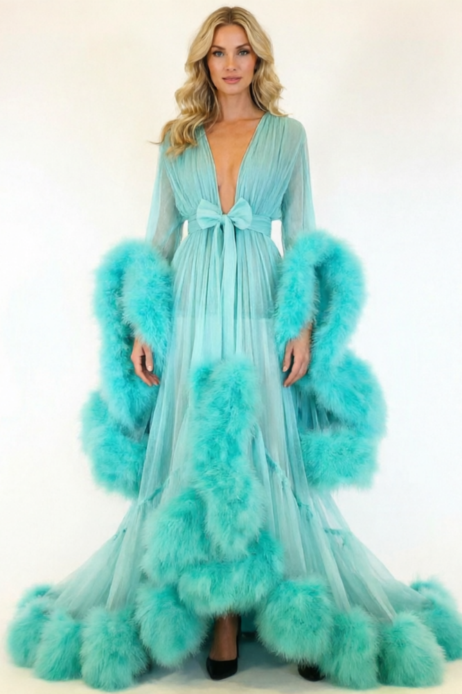 Feather Bell Sleeve Trailing Dress