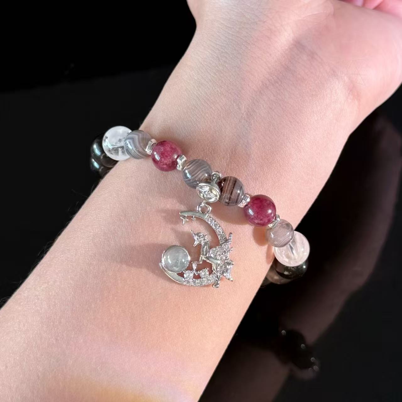 Crescent Moon Unicorn Pendant Bracelet | Multi-Gemstone Natural Obsidian Crystal Bead Bracelet
