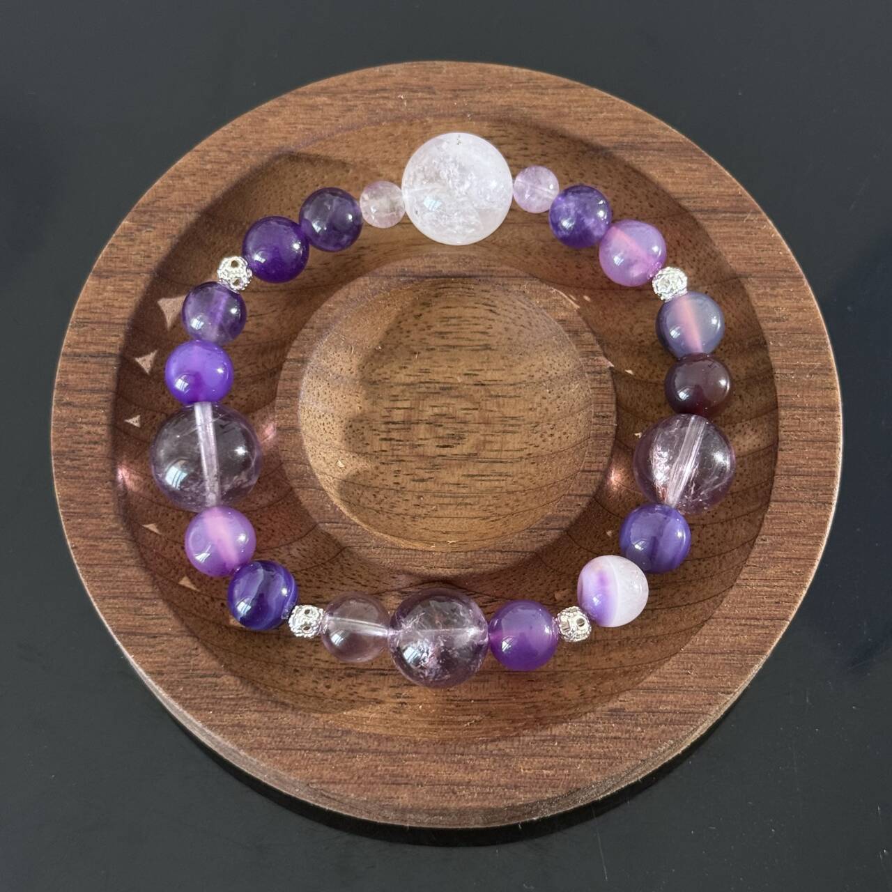 Handcrafted Amethyst and Frosted Quartz Bracelet — A Healing Gemstone Beaded Bracelet to Help You Attain Serenity