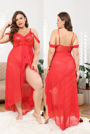 See-through off-the-Shoulder Pajamas Suit Transparent Lace Long Dress
