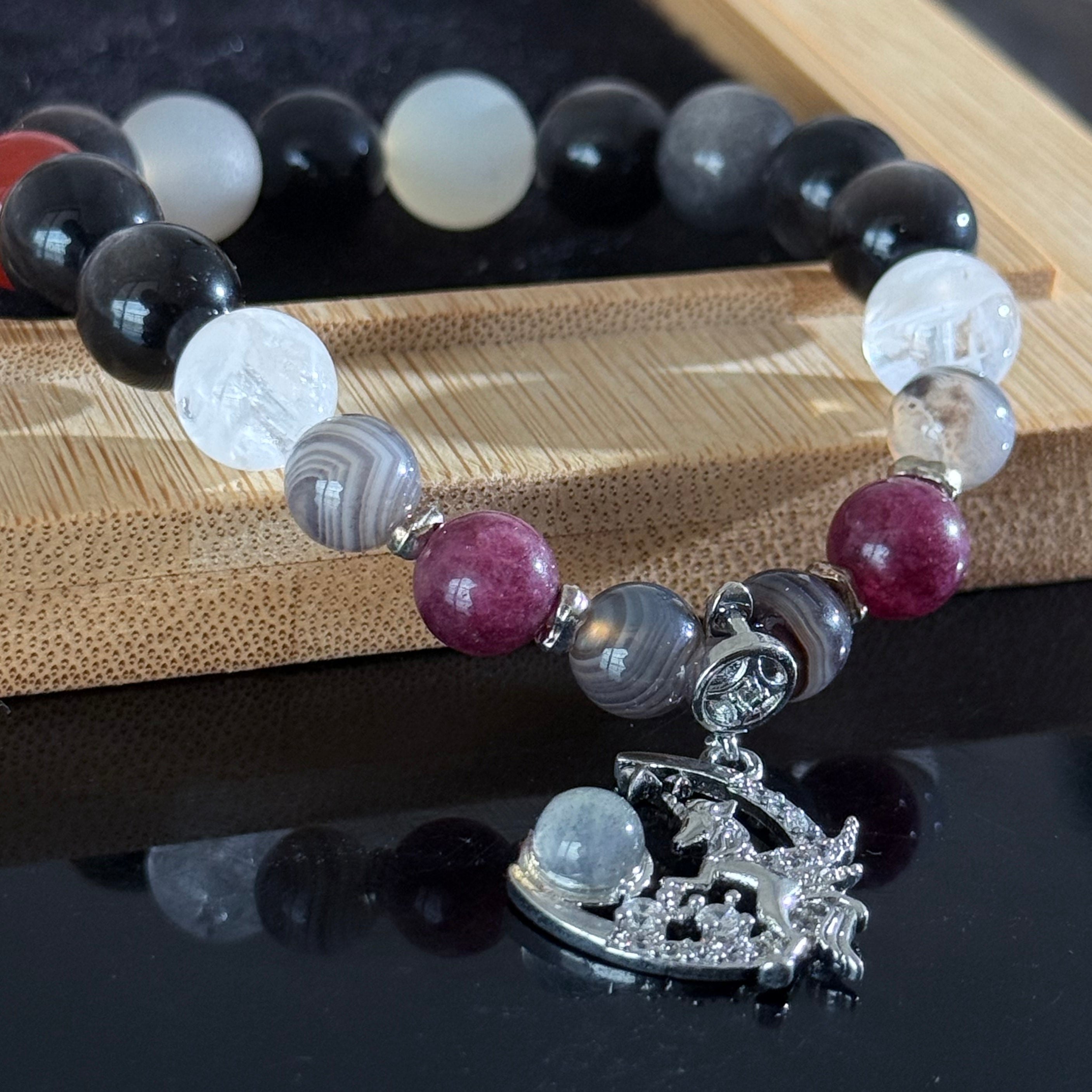 Crescent Moon Unicorn Pendant Bracelet | Multi-Gemstone Natural Obsidian Crystal Bead Bracelet