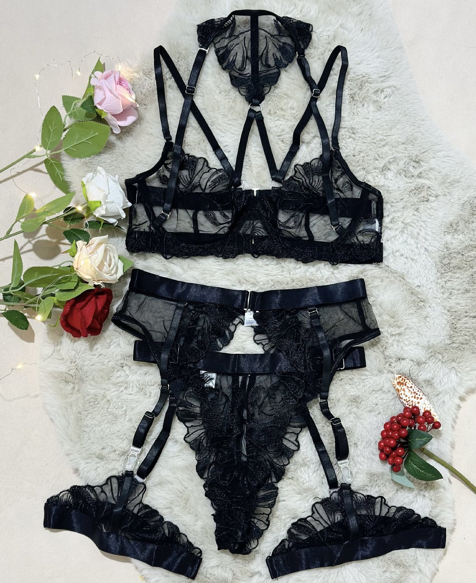 4-Piece Lingerie Ensemble Black Floral Embroidered with Underwire Sheer Mesh